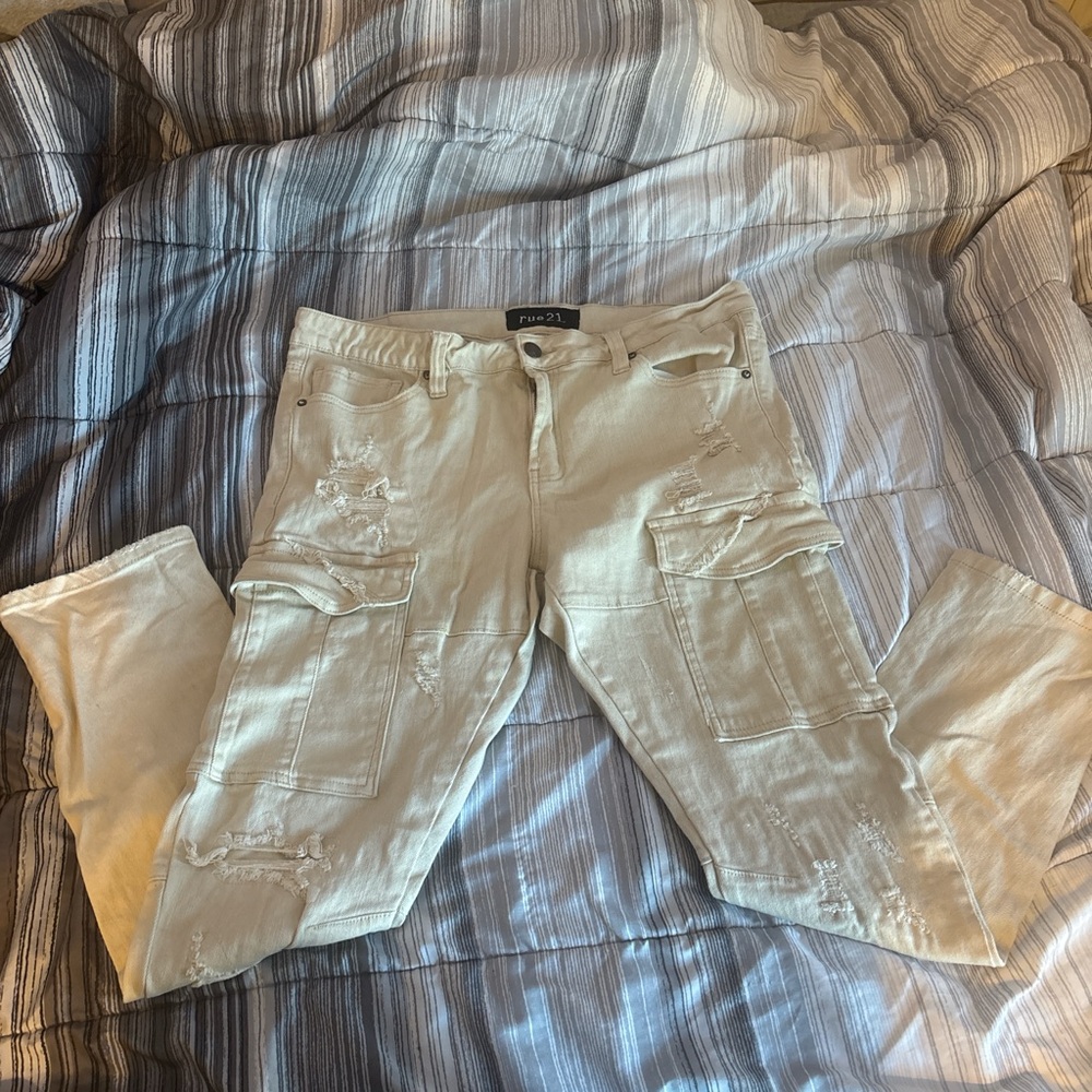 cream colored, ripped cargo pants